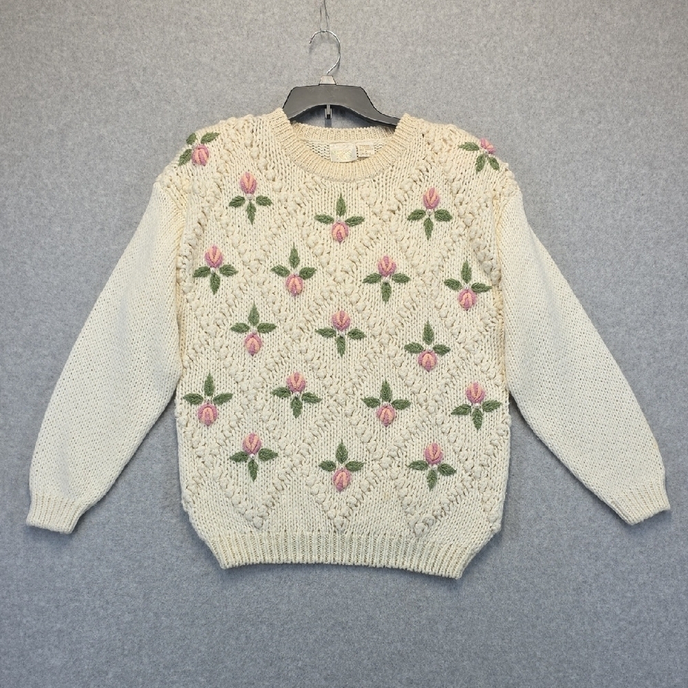 Needles & Yarn Floral Knit Sweater Medium Cream Vintage Style